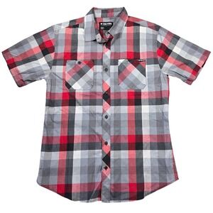 Zoo York Mens Large Red Grey Plaid Short Sleeve Button Up Skate Shirt Y2k Punk
